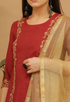 Aari Work Cotton Anarkali Suit in Maroon
