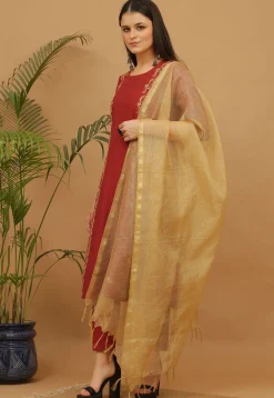 Aari Work Cotton Anarkali Suit in Maroon