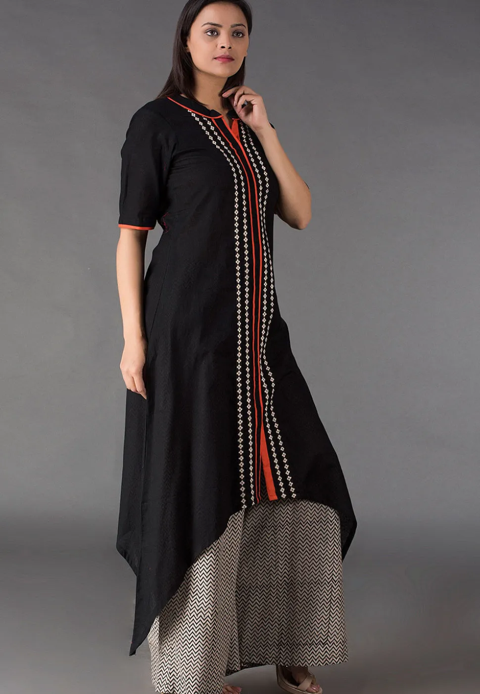 Abstract Printed Placket Cotton Asymmetric Kurta in Black