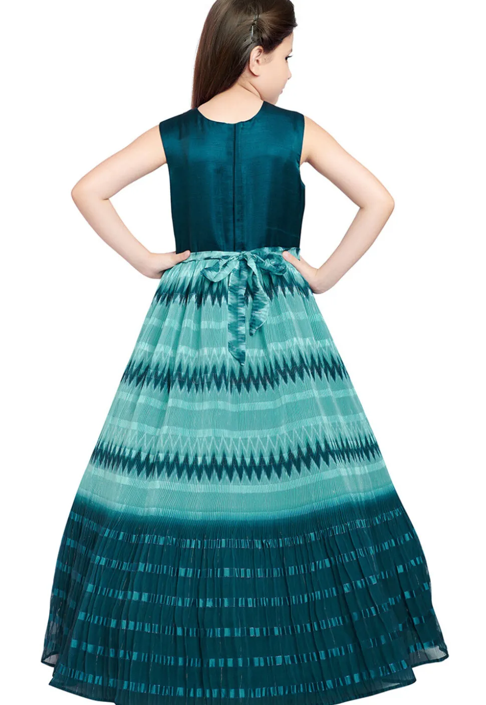 Accordion Pleated Art Silk Gown in Blue