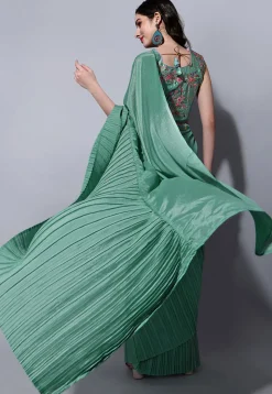 Accordion Pleated Chinon Chiffon Saree in Sea Green
