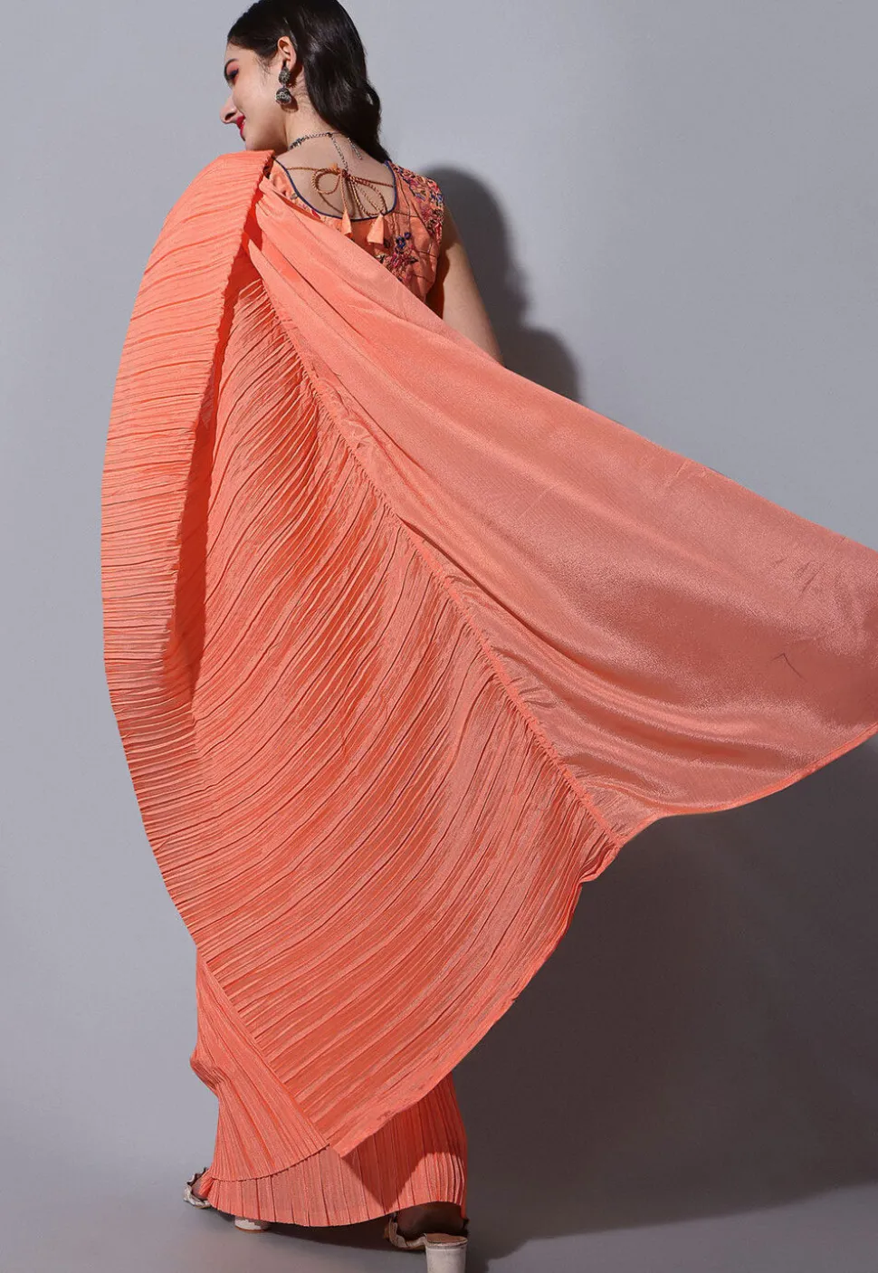 Accordion Pleated Chinon Chiffon Saree in Orange