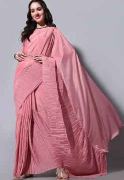 Accordion Pleated Chinon Chiffon Saree in Pink