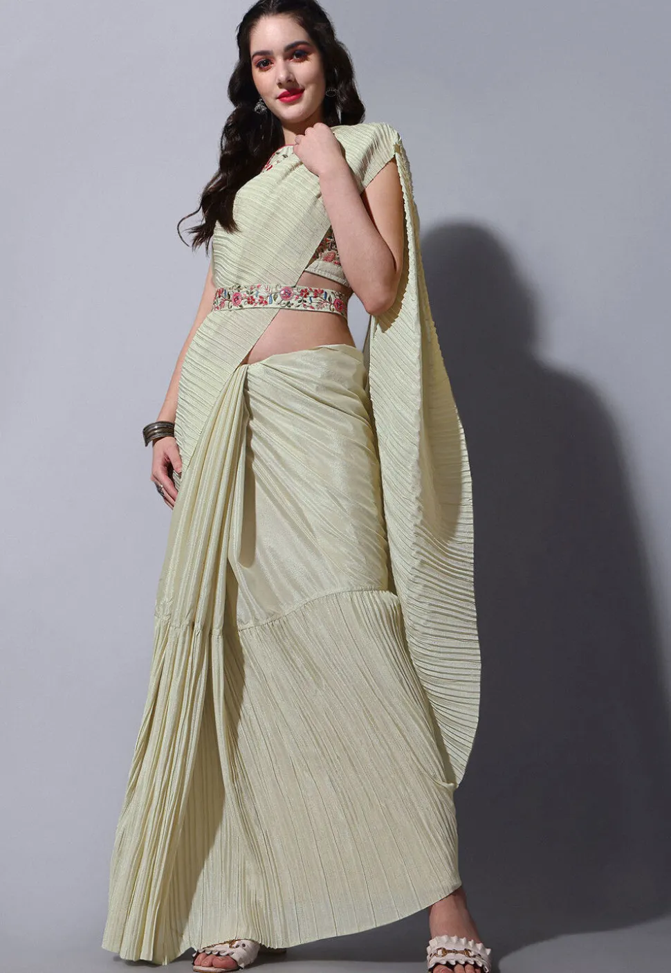 Accordion Pleated Chinon Chiffon Saree in Beige