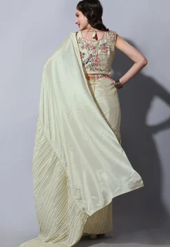 Accordion Pleated Chinon Chiffon Saree in Beige