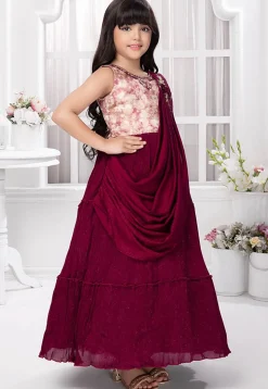 Accordion Pleated Polyester Gown in Maroon