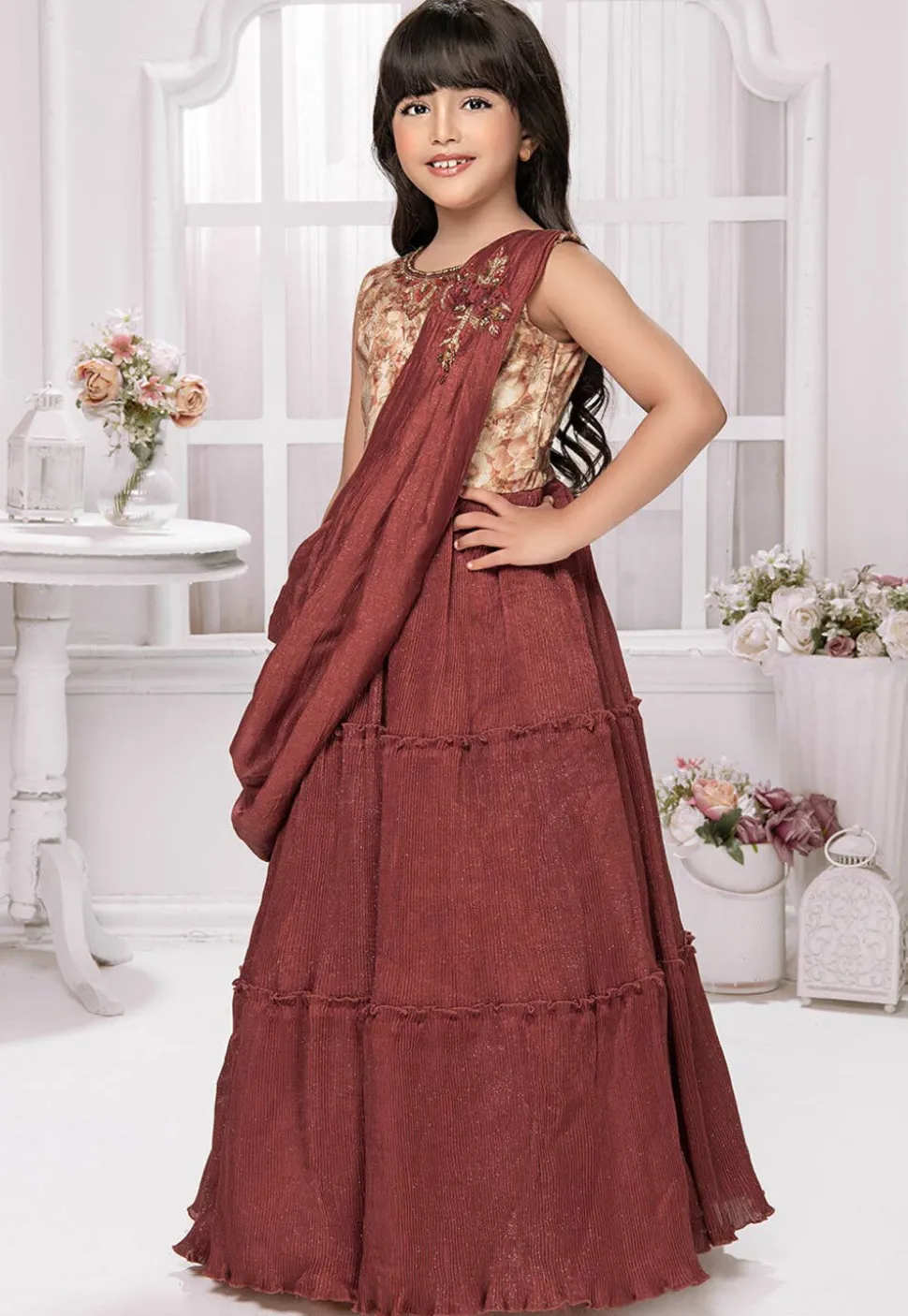 Accordion Pleated Polyester Gown in Rust