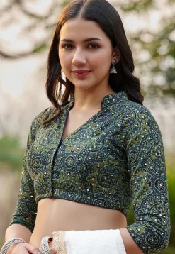 Ajrakh Printed Cotton Blouse in Blue