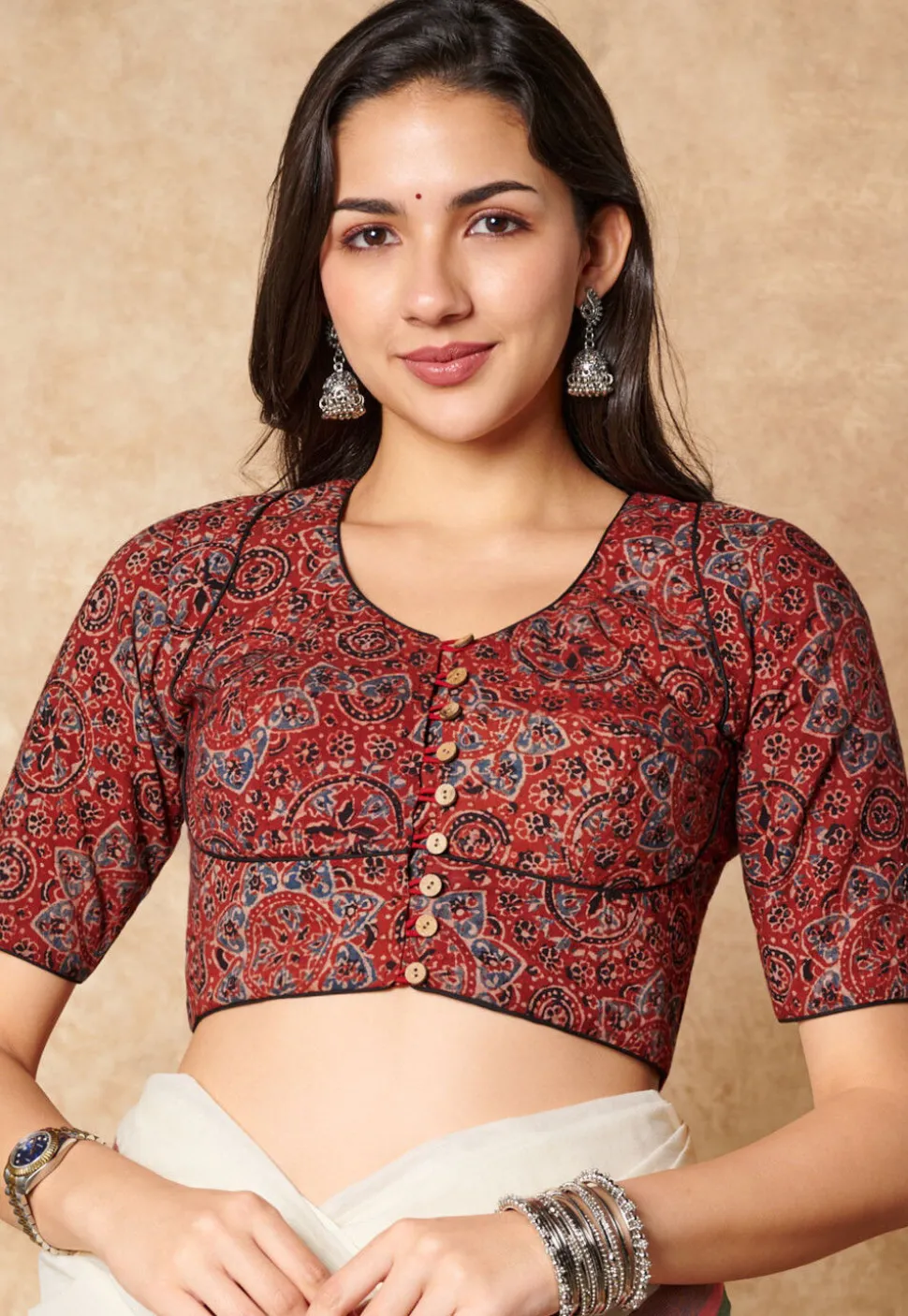 Ajrakh Printed Cotton Blouse in Red