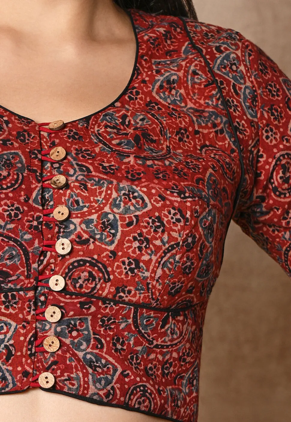 Ajrakh Printed Cotton Blouse in Red