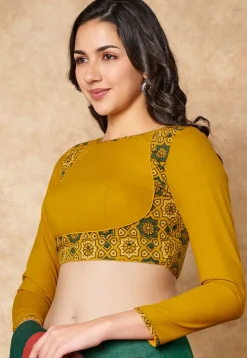 Ajrakh Printed Cotton Blouse in Mustard