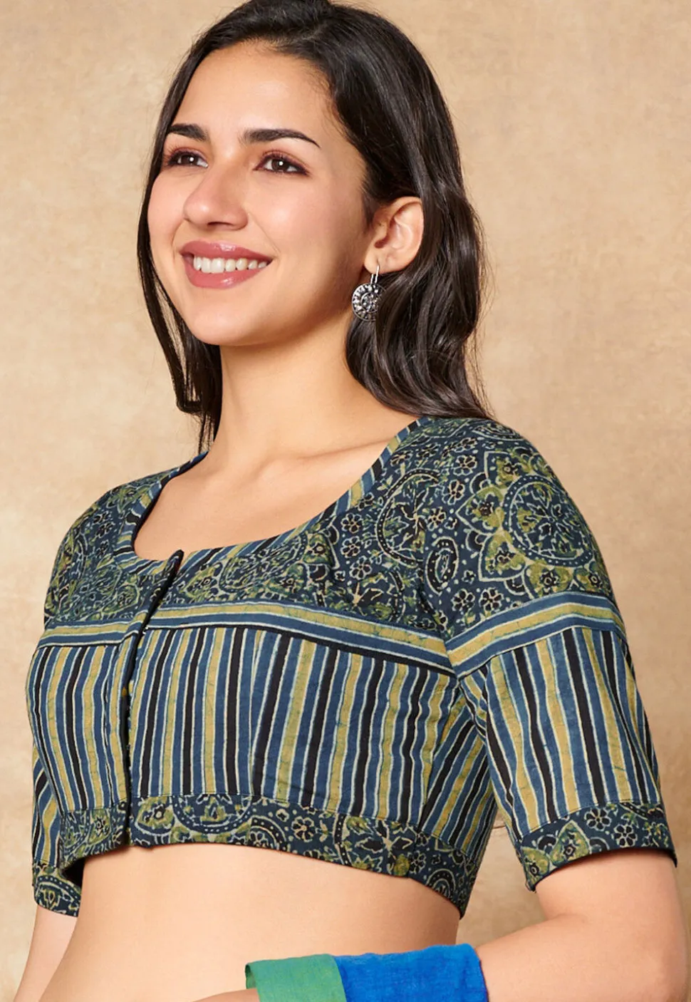 Ajrakh Printed Cotton Blouse in Blue