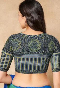 Ajrakh Printed Cotton Blouse in Blue