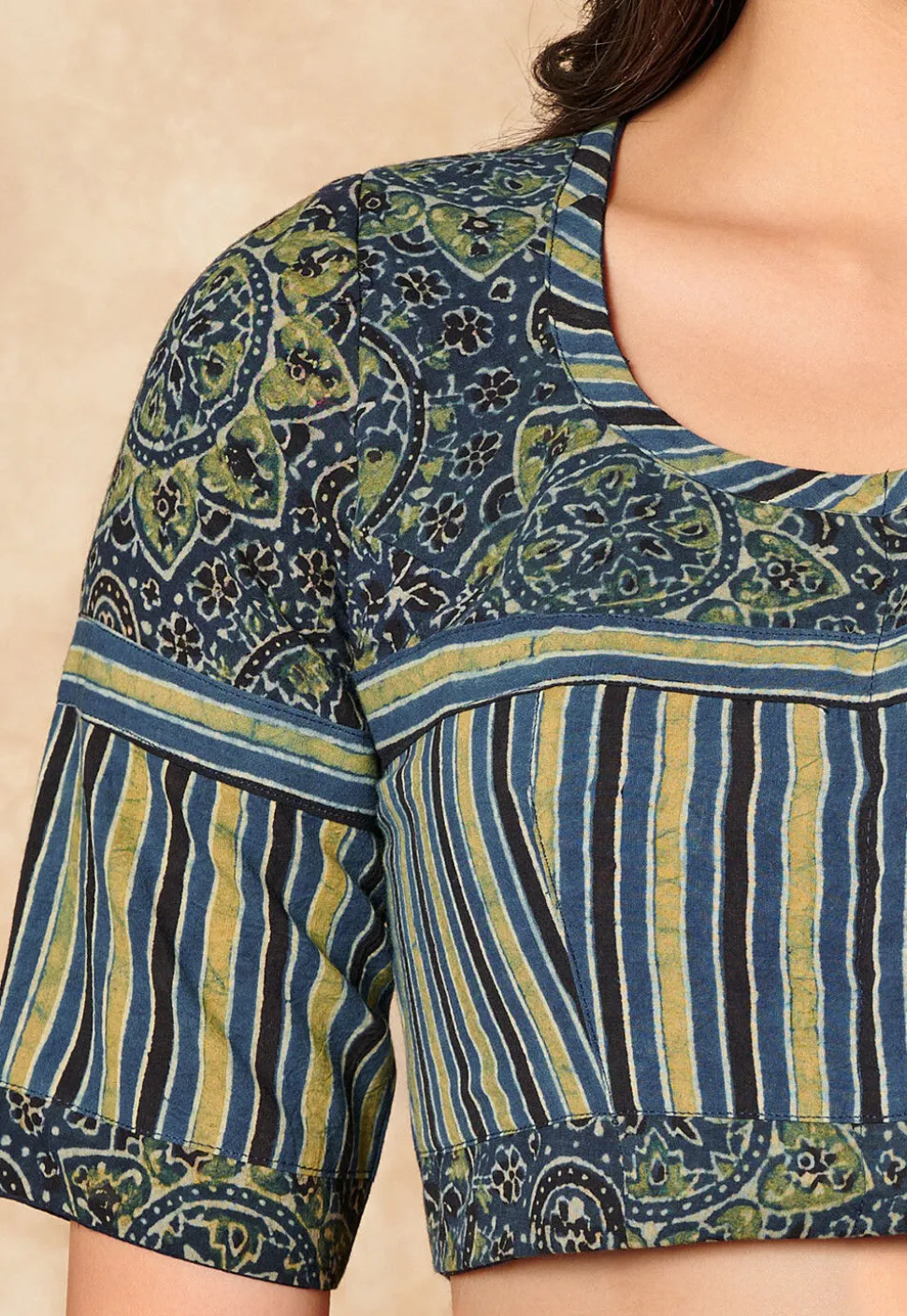 Ajrakh Printed Cotton Blouse in Blue