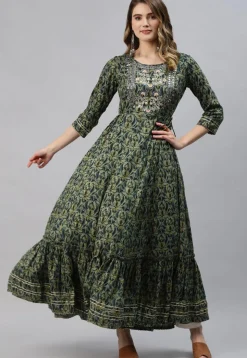 Ajrakh Printed Cotton Ruffled Gown in Dusty Green