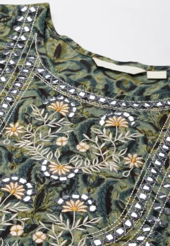 Ajrakh Printed Cotton Ruffled Gown in Dusty Green