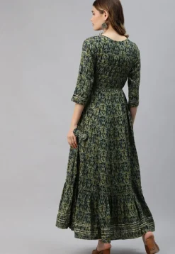 Ajrakh Printed Cotton Ruffled Gown in Dusty Green