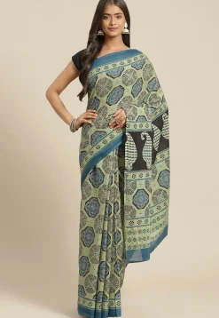 Ajrakh Printed Cotton Saree in Light Green