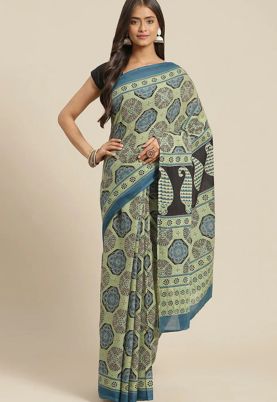 Ajrakh Printed Cotton Saree in Light Green