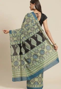 Ajrakh Printed Cotton Saree in Light Green