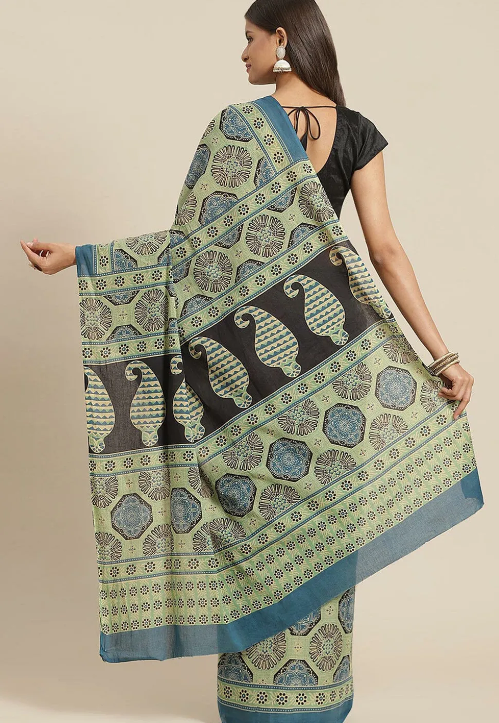 Ajrakh Printed Cotton Saree in Light Green