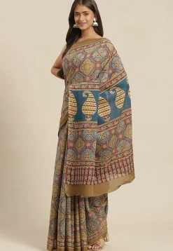 Ajrakh Printed Cotton Saree in Maroon