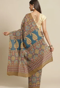 Ajrakh Printed Cotton Saree in Maroon