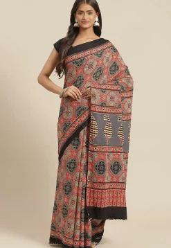 Ajrakh Printed Cotton Saree in Red and Grey