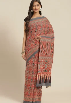 Ajrakh Printed Cotton Saree in Red and Grey