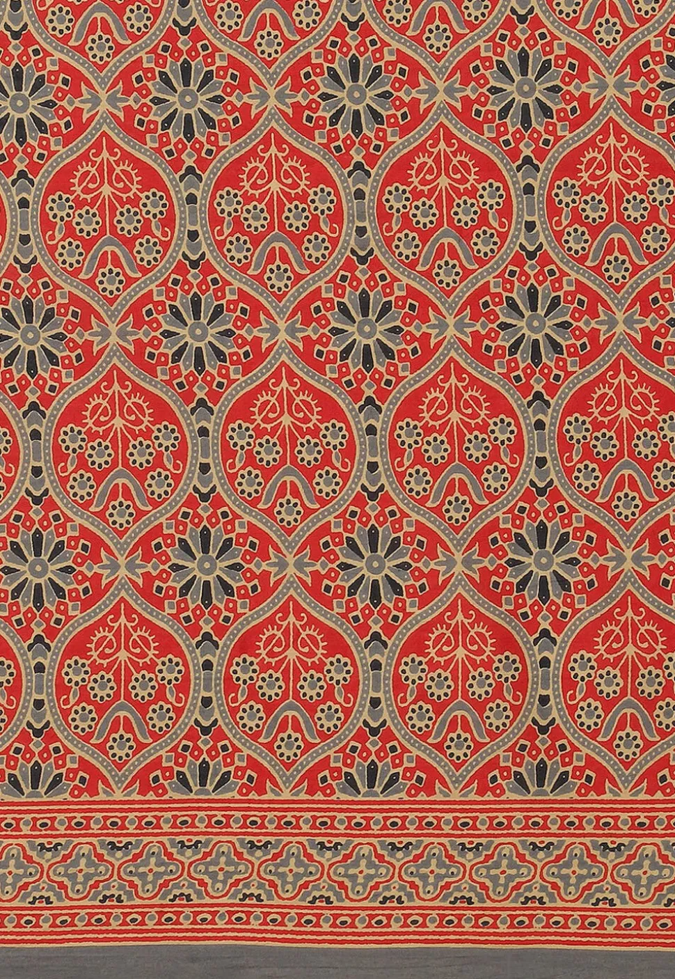 Ajrakh Printed Cotton Saree in Red and Grey