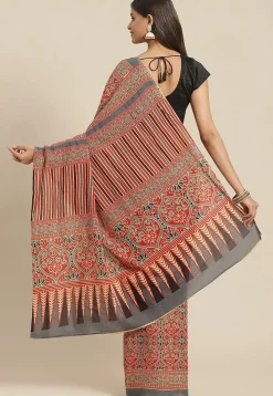 Ajrakh Printed Cotton Saree in Red and Grey