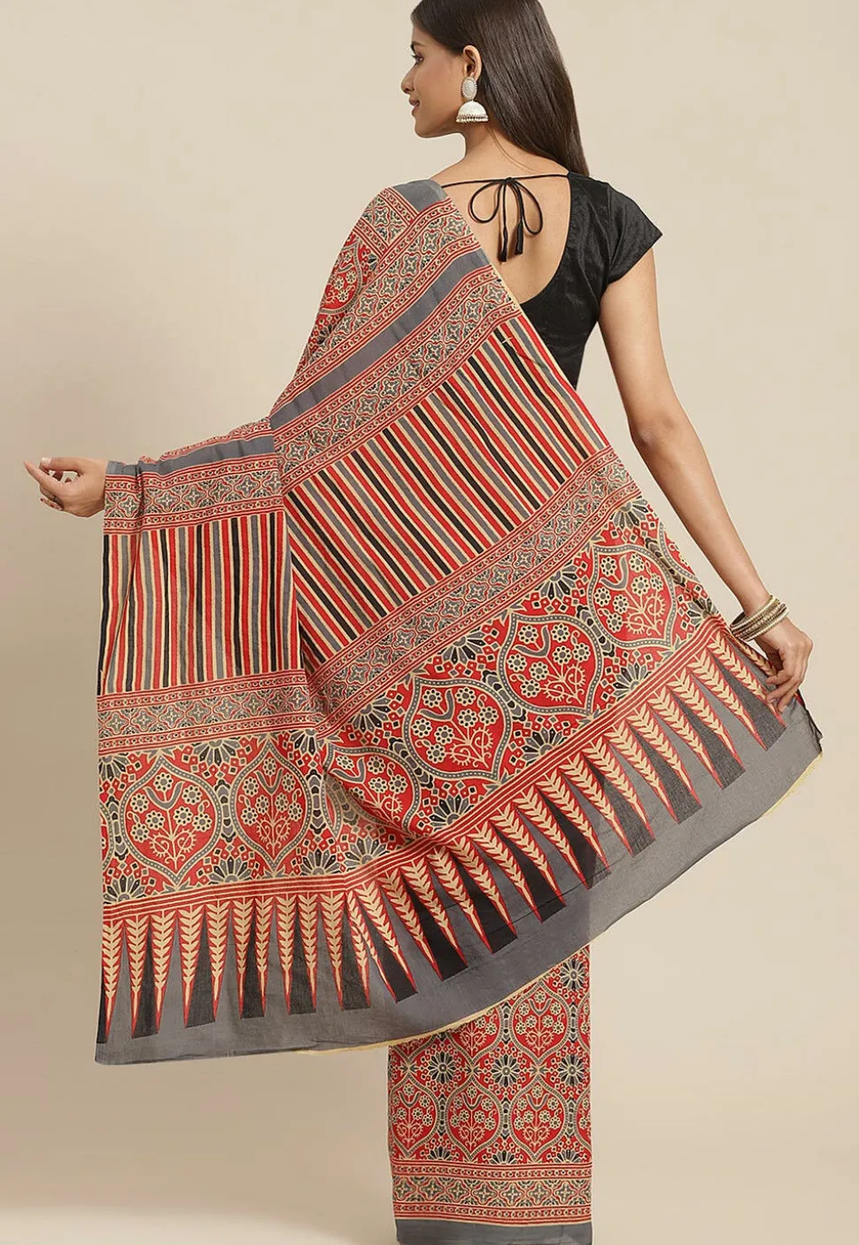Ajrakh Printed Cotton Saree in Red and Grey