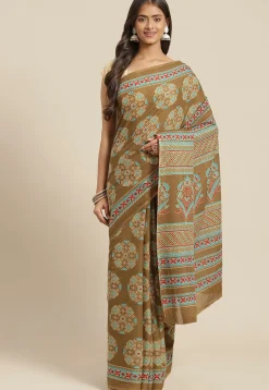 Ajrakh Printed Cotton Saree in Olive Green