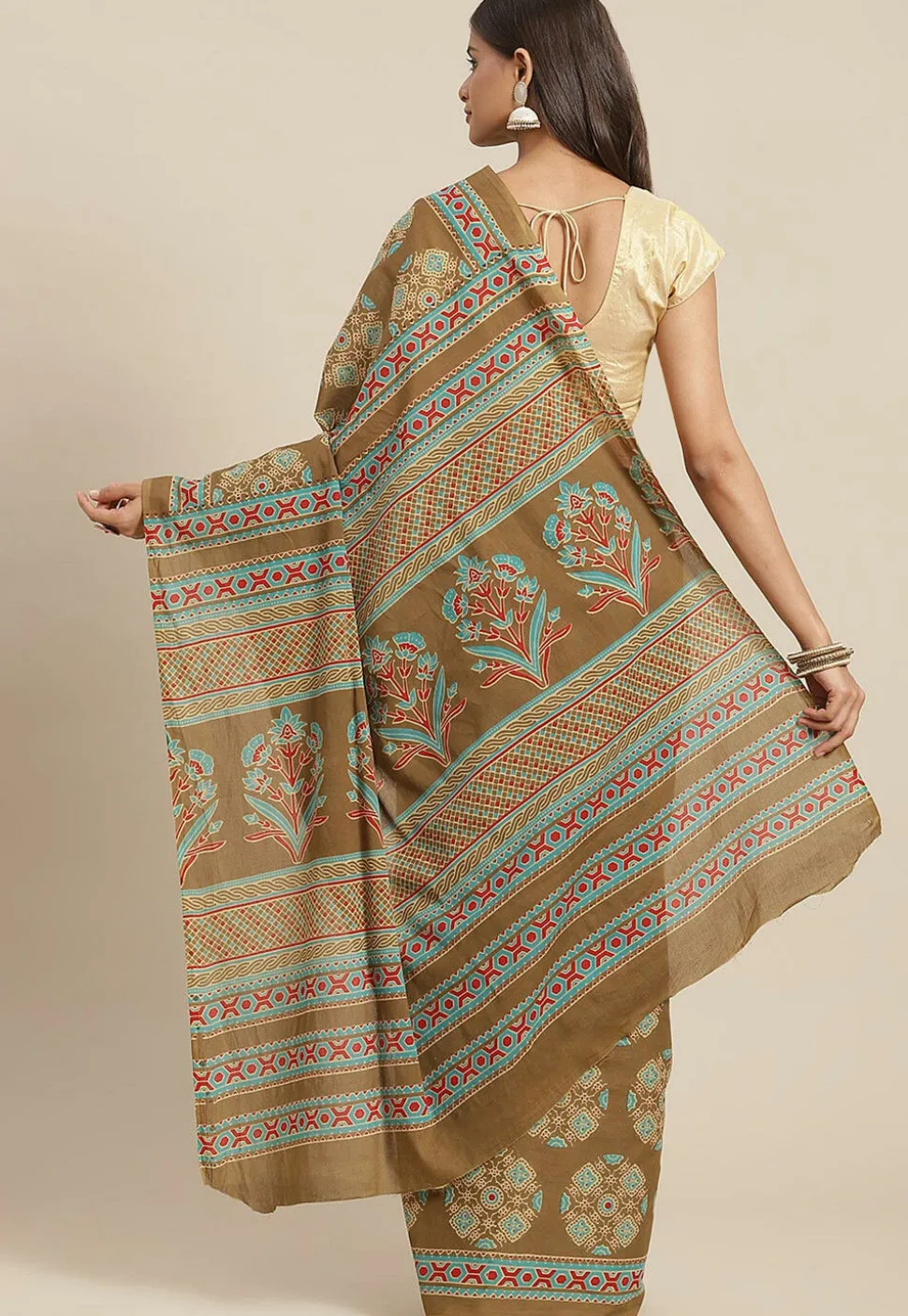 Ajrakh Printed Cotton Saree in Olive Green