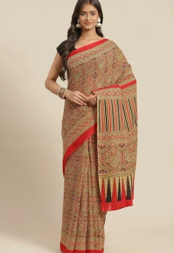 Ajrakh Printed Cotton Saree in Dark Beige and Red