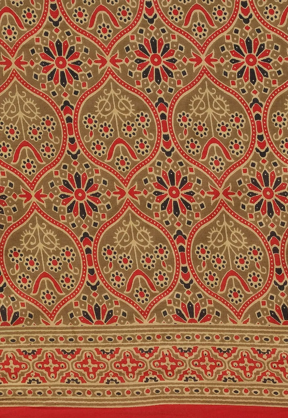 Ajrakh Printed Cotton Saree in Dark Beige and Red