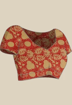 Ajrakh Printed Cotton Saree in Dark Beige and Red