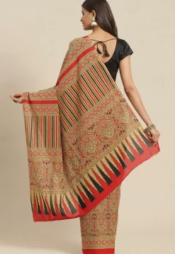 Ajrakh Printed Cotton Saree in Dark Beige and Red