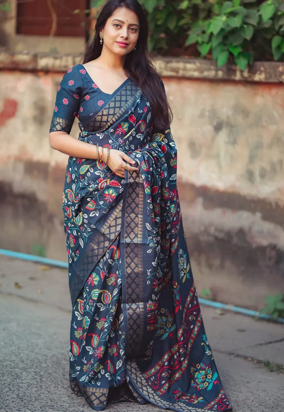 Ajrakh Printed Cotton Silk Saree in Dark Teal Blue