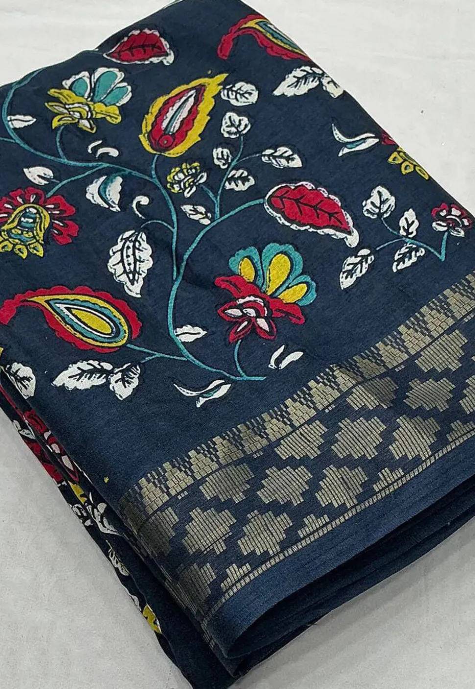 Ajrakh Printed Cotton Silk Saree in Dark Teal Blue