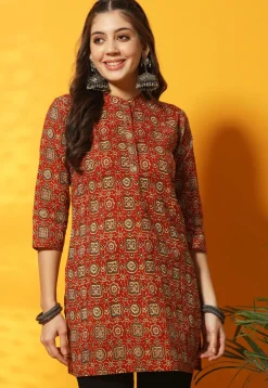 Ajrakh Printed Cotton Straight Kurti in Red