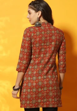 Ajrakh Printed Cotton Straight Kurti in Red