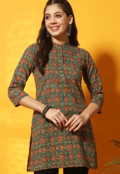 Ajrakh Printed Cotton Straight Kurti in Teal Green
