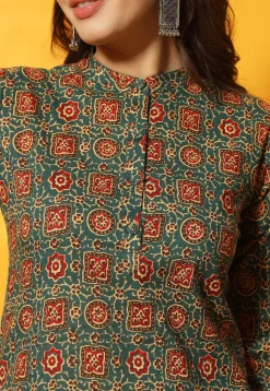 Ajrakh Printed Cotton Straight Kurti in Teal Green