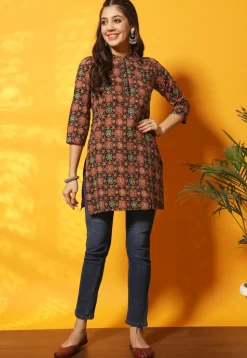 Ajrakh Printed Cotton Straight Kurti in Black