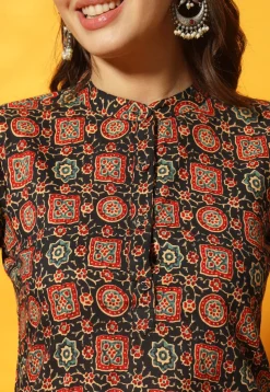 Ajrakh Printed Cotton Straight Kurti in Black
