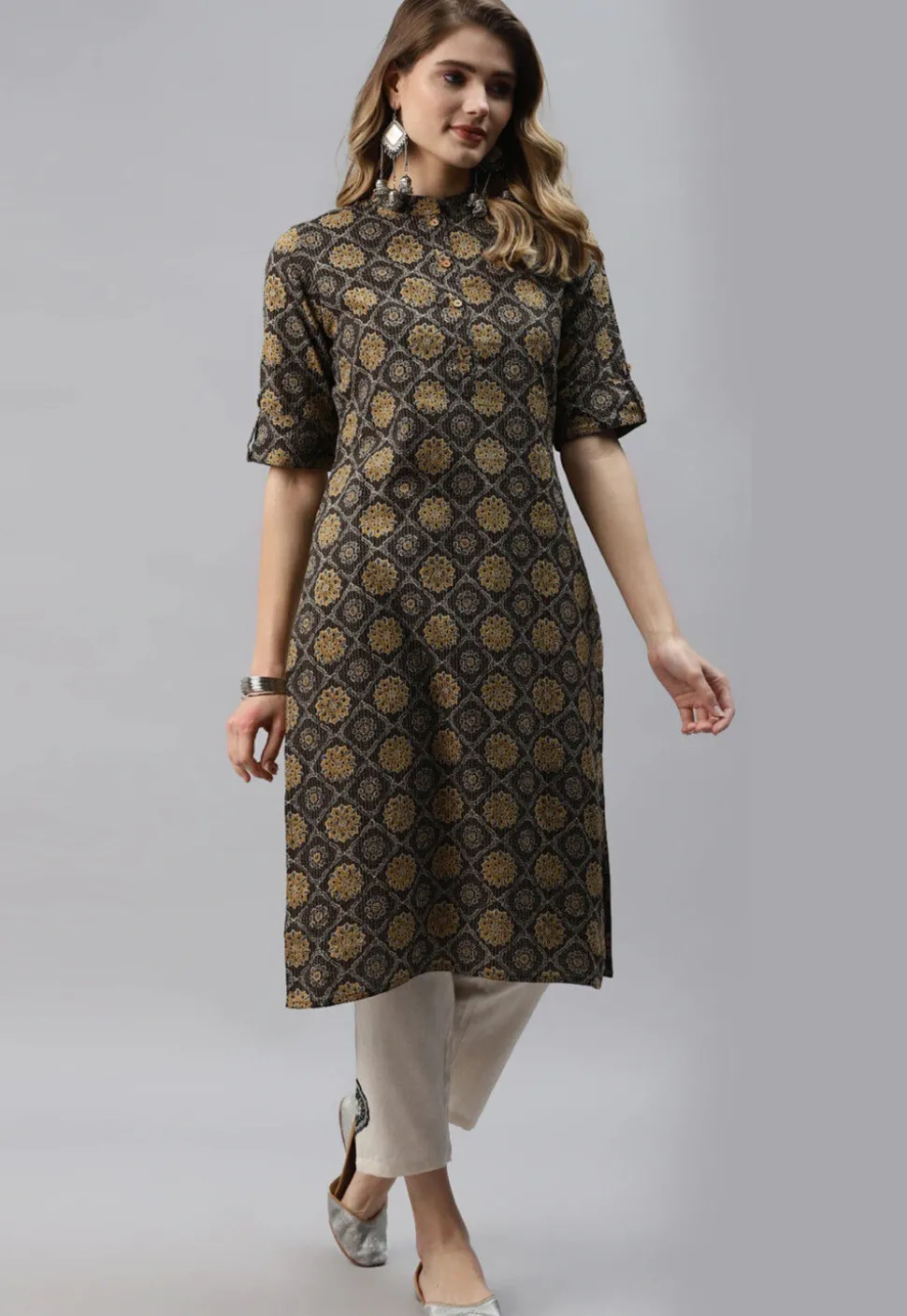 Ajrakh Printed Cotton Straight Kurta in Dark Brown and Multicolour