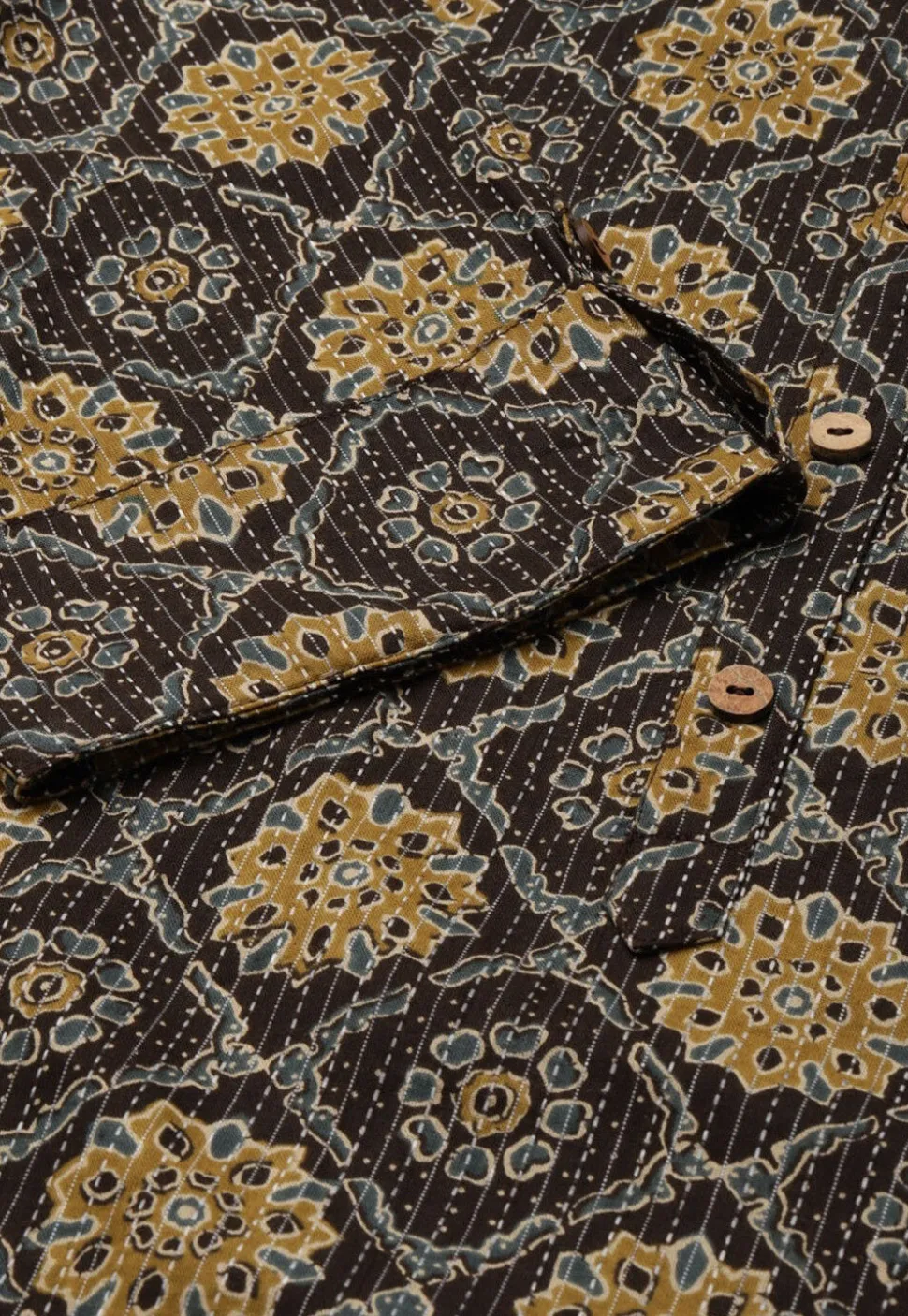 Ajrakh Printed Cotton Straight Kurta in Dark Brown and Multicolour