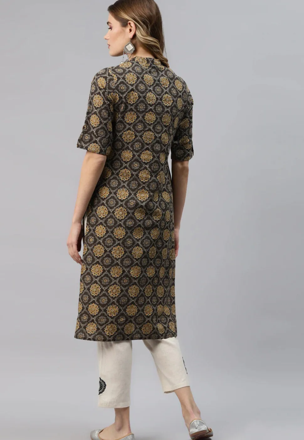 Ajrakh Printed Cotton Straight Kurta in Dark Brown and Multicolour