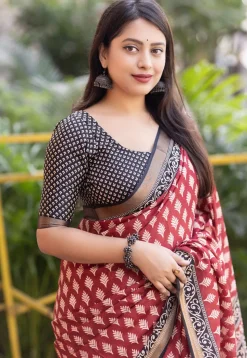 Ajrakh Printed Crepe Saree in Red